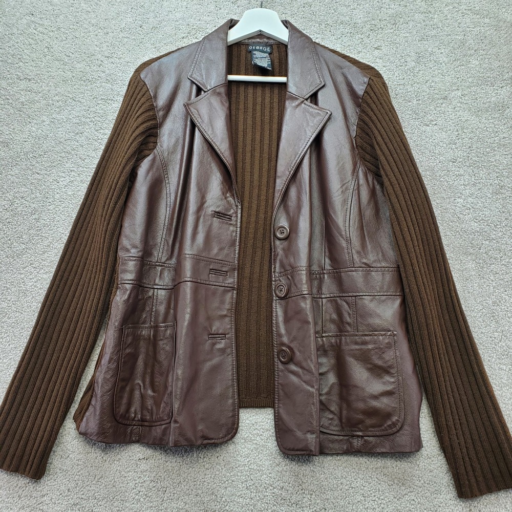 VTG GEORGE Womens Leather Knit Jacket Blazer Brown XL Retro Y2K Peak Lapel